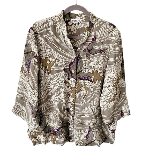 Citron Santa Monica Blouse Women's XL 100% Silk Button Dwon Mardarin Butterfly - Picture 1 of 7